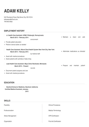 resume sample for health care assistant