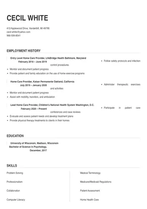 resume for home care provider