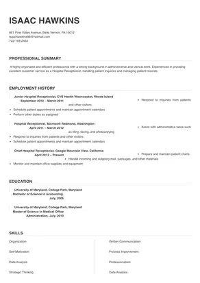 resume format for hospital receptionist