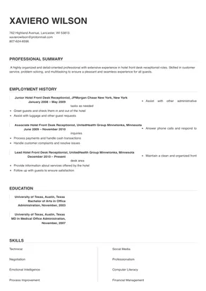 sample resume for hotel front desk receptionist