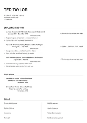 resume for hotel receptionist