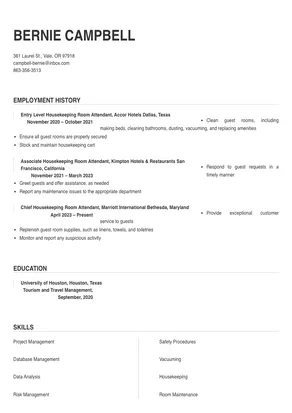 resume sample for housekeeping attendant