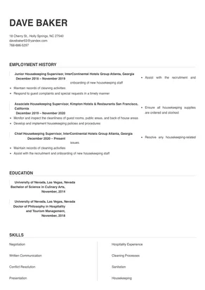 sample resume for housekeeping supervisor position