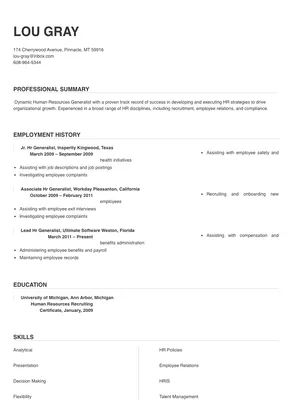 resume sample hr generalist