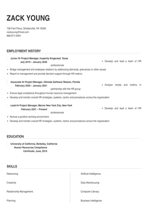 human resources project manager resume