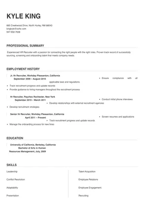 sample resume hr recruiter