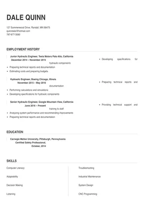 hydraulic service engineer resume sample