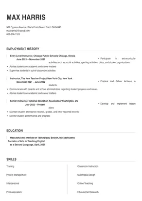 resume format for instructor