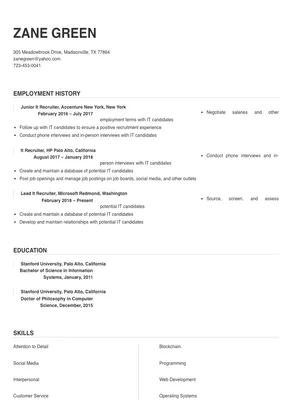 resume sample for it recruiter