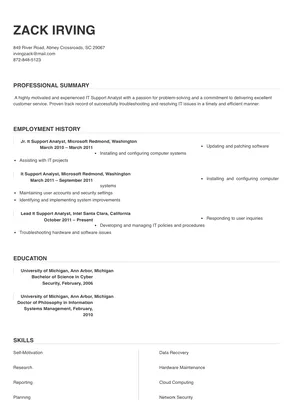 it support analyst resume