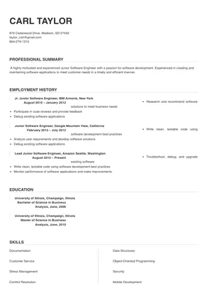 resume for junior software engineer