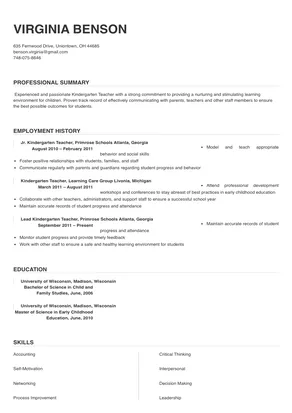 resume for kindergarten teacher fresher