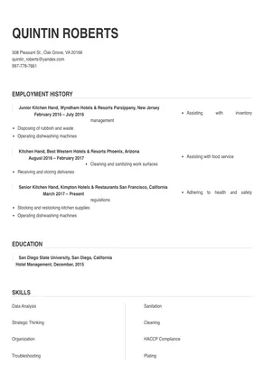 kitchen hand resume with no experience