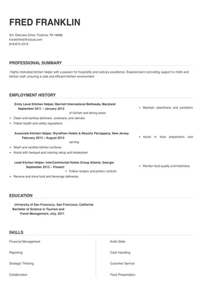 resume format for kitchen helper