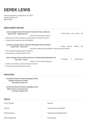 resume example for language teacher