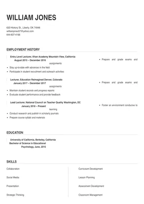 resume format for lecturer job