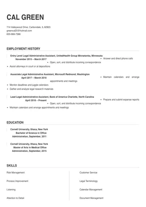 sample resume legal administrative assistant