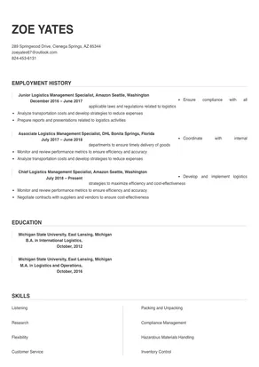 resume examples for logistics management specialist