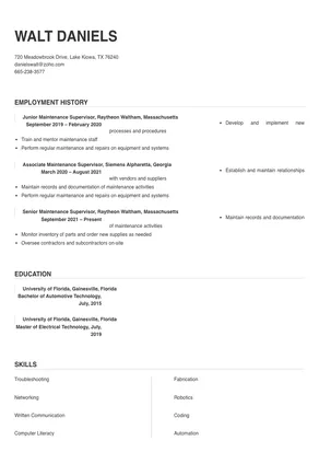 resume summary examples for maintenance supervisor