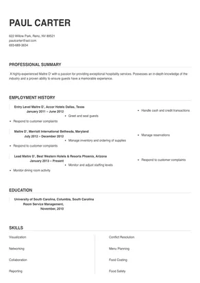 Maitre D' Resume Sample & Tips | Online Resume Builder