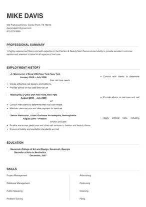 sample resume objectives for manicurist
