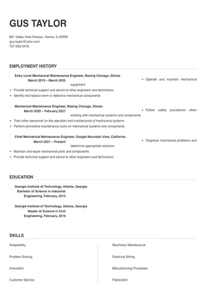 sample resume of mechanical maintenance engineer