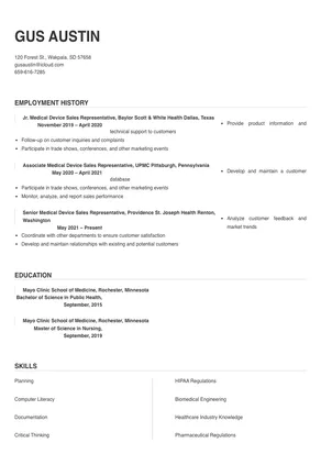 medical device sales resume examples