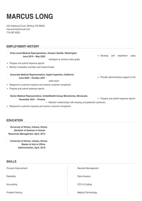 medical representative summary in resume