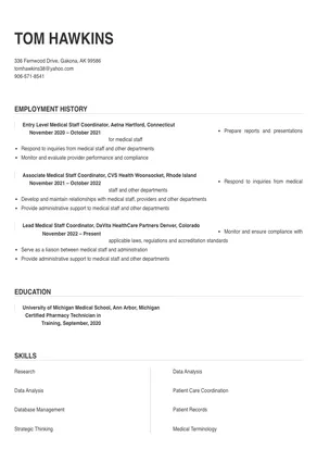 Medical Staff Coordinator Resume Sample & Tips | Online Resume Builder