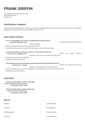 resume format for us mortgage process