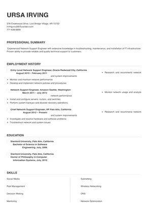 resume sample for network support engineer