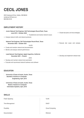 Network Test Engineer Resume Sample & Tips | Online Resume Builder