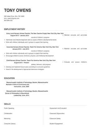 resume format of nursery teacher