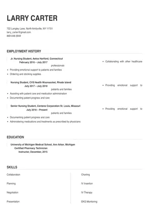 example of resume for nursing student graduate