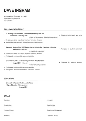 resume format for nursing tutor