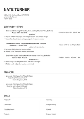 sample resume for online english teacher