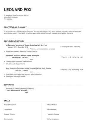 resume summary examples optometric