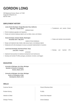 sample resume for experienced oracle developer