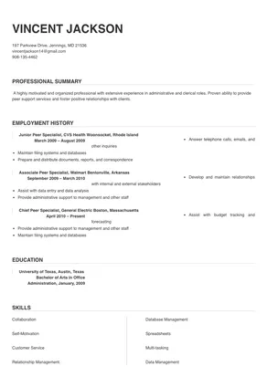 peer support specialist job description resume