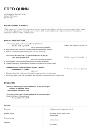 Perfusionist Resume Sample & Tips | Online Resume Builder