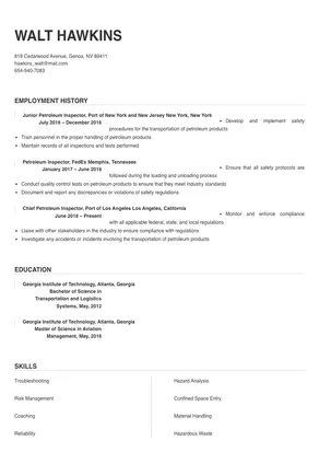 Petroleum Inspector Resume Sample & Tips | Online Resume Builder