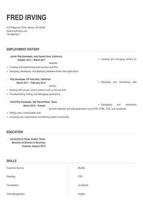 sample resume for php developer experienced