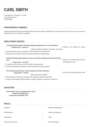 Piping Superintendent Resume Sample & Tips | Online Resume Builder