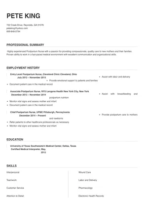postpartum rn resume sample