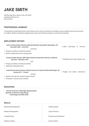 teacher resume for primary class