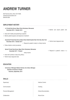 sample resume for private duty nurse