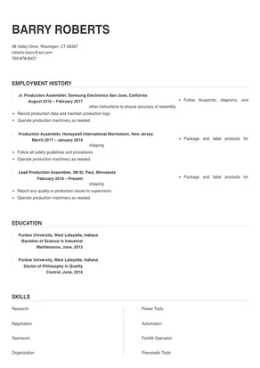 production assembler job description for resume