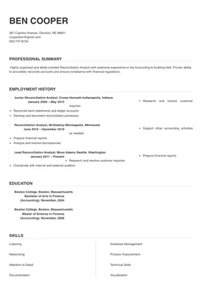 business analyst resume reconciliation