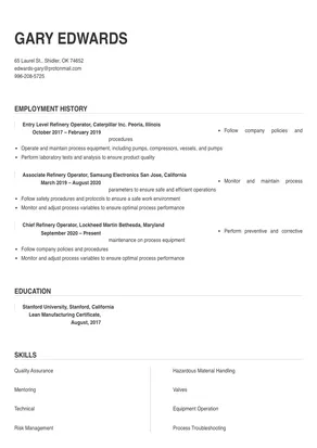 resume examples for refinery jobs