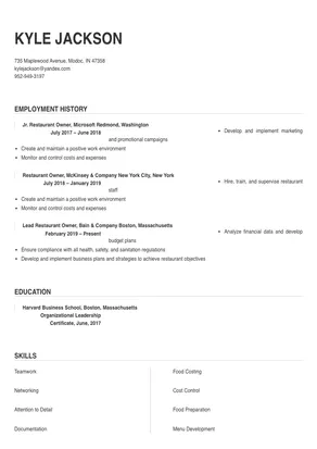 sample resume for restaurant owner